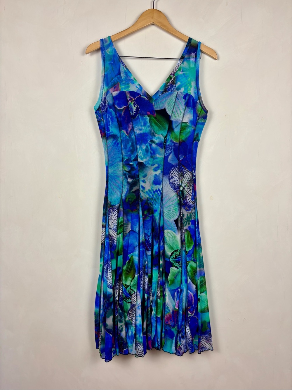 Elana Kattan Orchid Print Mesh Midi Dress L Resort Vacation Artsy Luxe Fairy